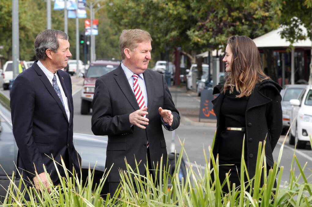 Deputy Premier Peter Ryan discusses policy with the Nationals’ Euroa candidate Steph Ryan and retiring Bill Sykes recently.