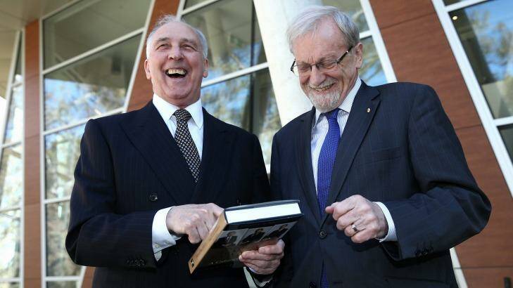 Former prime minister Paul Keating with Gareth Evans at Wednesday's book launch in Canberra. Photo: Alex Ellinghausen
