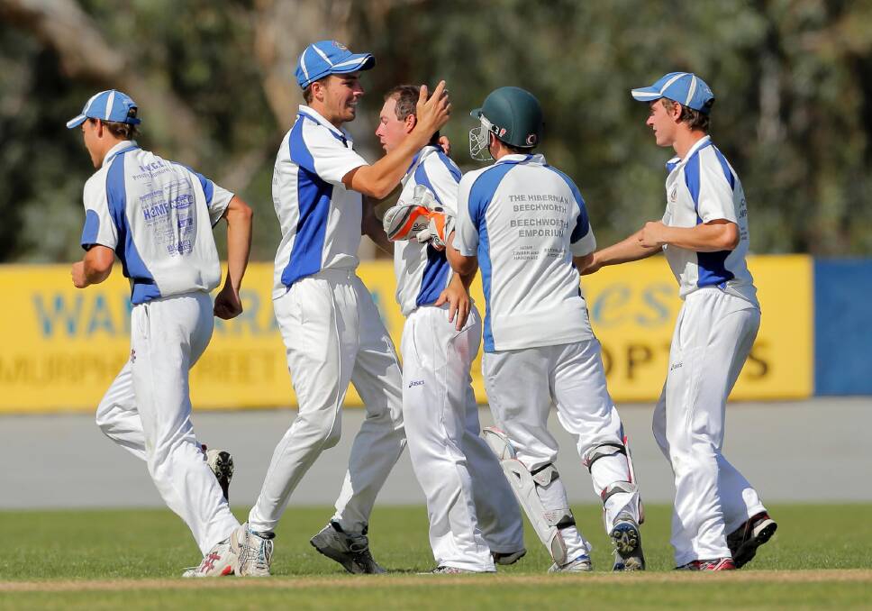 Beechworth skipper Brenton Surrey, middle, celebrates a catch with his teammates ... they went on to defeat Bruck in the grand final. Pictures: KYLIE ESLER 
