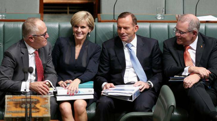 Malcolm Turnbull, Julie Bishop, Tony Abbott and Scott Morrison during happier times. Photo: Alex Ellinghausen