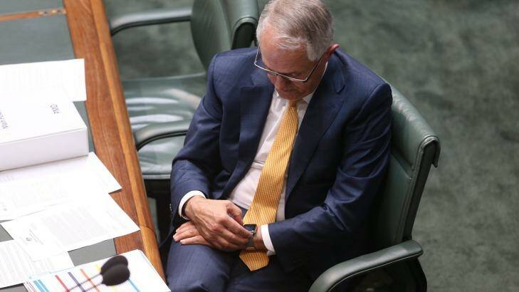 Prime Minister Malcolm Turnbull checks his Apple watch during Question Time at Parliament House. Photo: Andrew Meares
