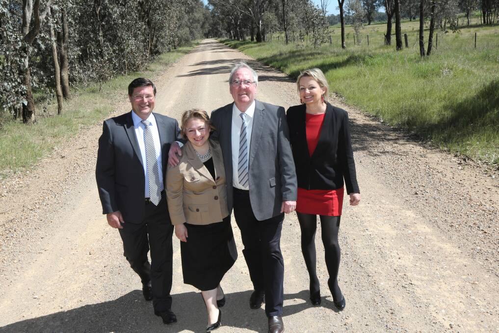 Member for Benambra Bill Tilley, Sophie Mirabella, Indigo Shire Council mayor Bernard Gaffney and Member for Farrer Sussan Ley at the funding announcement. Picture: PETER MERKESTYN