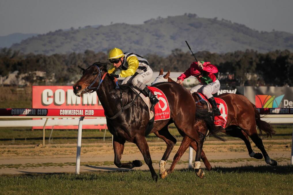 The Graham Hulm-trained La Cachette ($5) well-ridden by Brendan Ward stormed to the line to atone for a narrow last start defeat at Canberra with a convincing win over 1175 metres at Albury yesterday. Picture: DYLAN ROBINSON