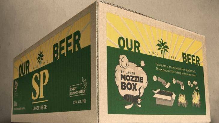 This beer carton is designed so that, when burned, it will keep mosquitoes away. Photo: Supplied