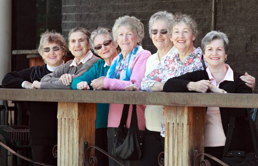 The Marks sisters form quite a line when they gather, as they did in Wodonga yesterday — Lorna Henry, June Fisher, Joy Henry, Dulcie Maxwell, Shirley King, Ruth Corbett and Lorraine Thorogood. Picture: KYLIE ESLER