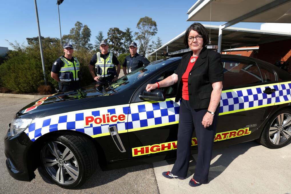 Senior Constable Patrick Murray, Sergeant Michael Connors, Acting Inspector Garry Barton and member for Indi Cathy McGowan at Wangaratta police station. Picture: MATTHEW SMITHWICK