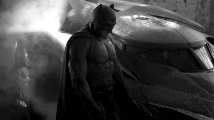 Ben Affleck in costume as Batman for Batman v Superman: Dawn of Justice .