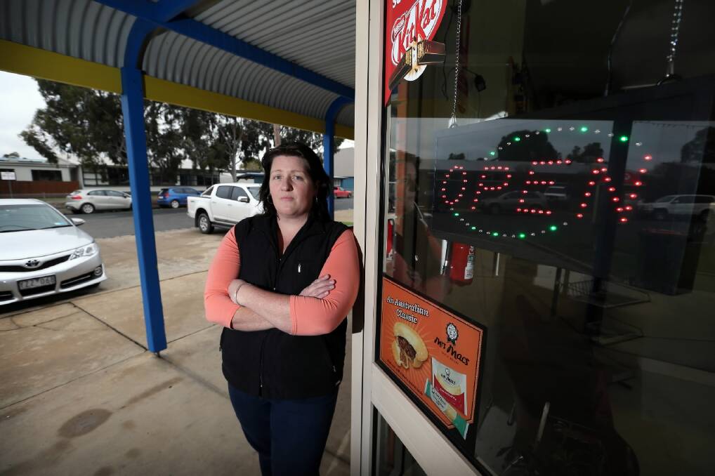 Jimbos Milk Bar owner Susan Hasell at her business near a campus of Yarrawonga P-12. Students have been banned from getting lunch at her shop. Picture: MATTHEW SMITHWICK