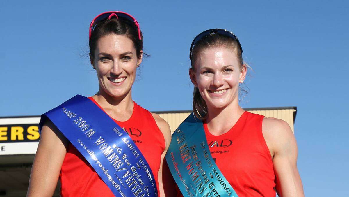 London Olympians Lauren Boden and Melissa Breen celebrate their wins in the 300 metres and the Albury-Wodonga Gift respectively. Pictures: MARK JESSER
