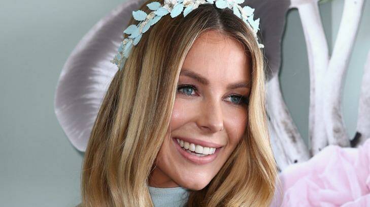 Jennifer Hawkins in the Myer Marquee at the Birdcage on Oaks Day at Flemington Racecourse. Photo: Cameron Spencer