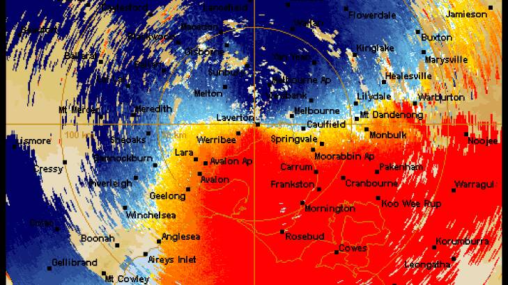 A radar ''doppler wind'' image from the Bureau of Meteology, over Melbourne. Photo: Bureau of Meteorology