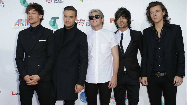 Harry Styles, far right, with the rest of One Direction, from left to right, Louis Tomlinson, Liam Payne, Niall Horan and Zayn Malik at the 2014 ARIA Awards.  Photo: Mark Metcalfe