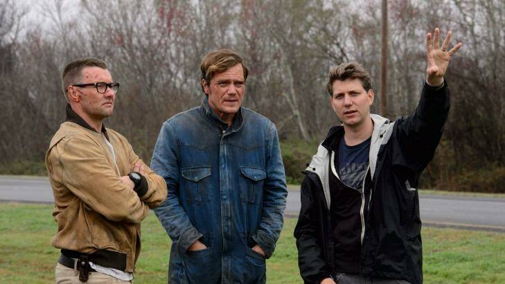 Joel Edgerton as Lucas, Michael Shannon as Roy and director Jeff Nichols on the set of <i>Midnight Special</i>. Photo: Ben Rothstein