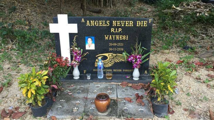 A commemorative stone for Wayne Schneider at the "Angel's Place" bar and Hells Angels members-only compound in Pattaya. Schneider was a top former member Photo: Lindsay Murdoch