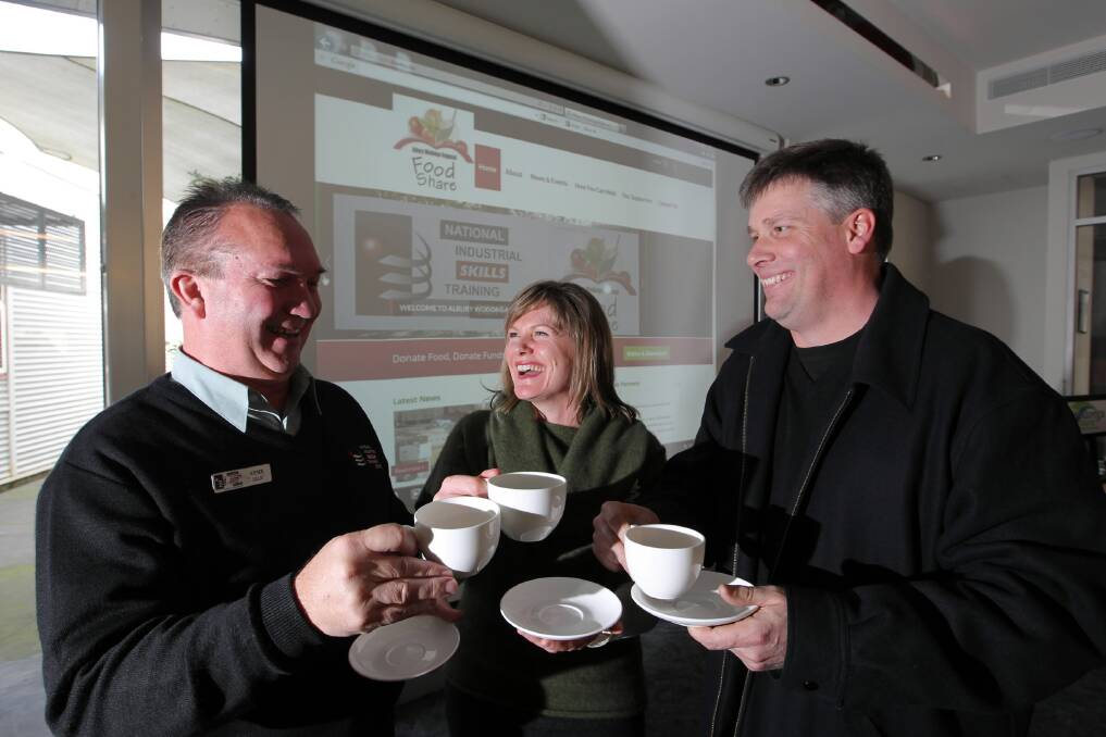 RIGHT: National Industrial Skills Training Centre manager Steven Lillis, Foodshare founder and secretary Deanne Drage and Foodbank Victoria operations manager Chris Scott at the launch of a new website for Foodshare. Picture: DAVID THORPE