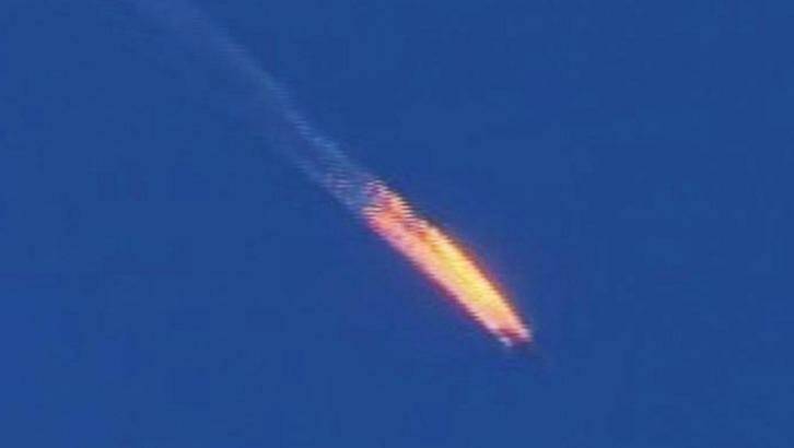 The Russian Sukhoi Su-24 downed by Turkish F-16s after allegedly violating Turkish airspace on the Syrian border. Photo: Uncredited