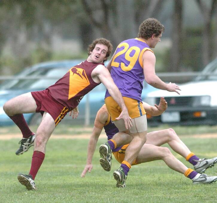 Barooga stalwart Dylan Brooks, pictured in action against Nathalia in 2007, will play his 250th game for the Hawks when they face the Purples in front of what is expected to be a big heritage day crowd at Barooga on Saturday.