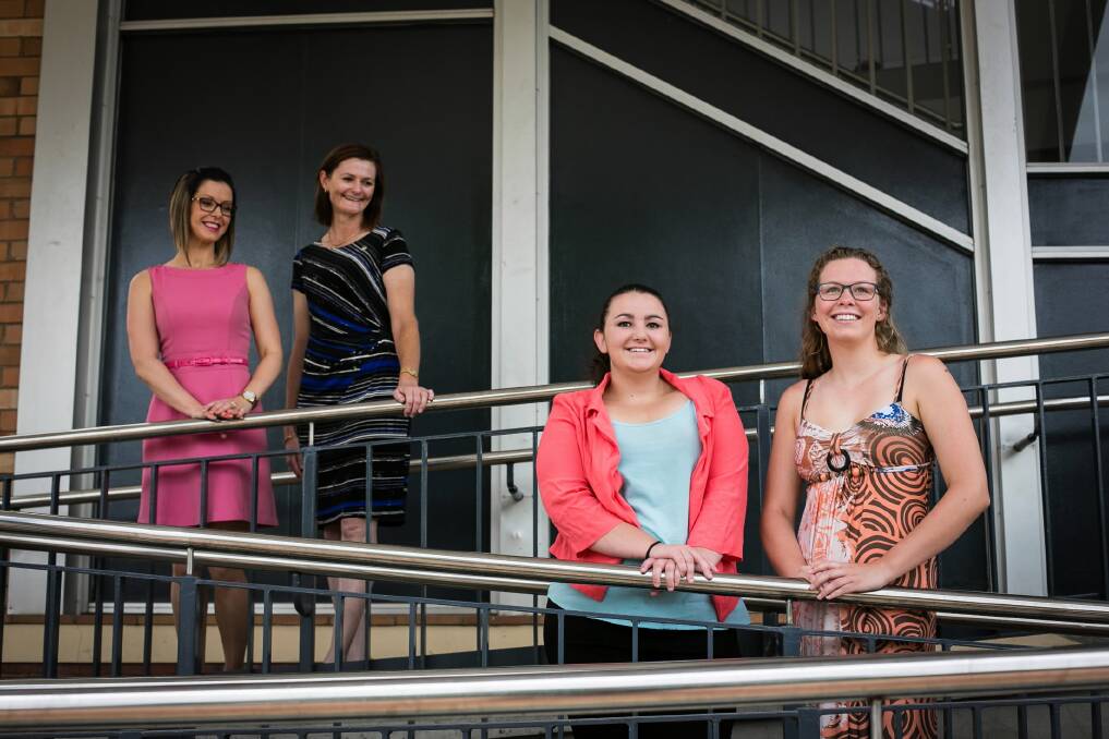 Women in Chamber chair Bronwyn Tyrell and deputy chair Kelly Lees give James Fallon High School student Rebecca Thomson and Murray High School student Tegan Simmonds a head start to university. Picture: DYLAN ROBINSON