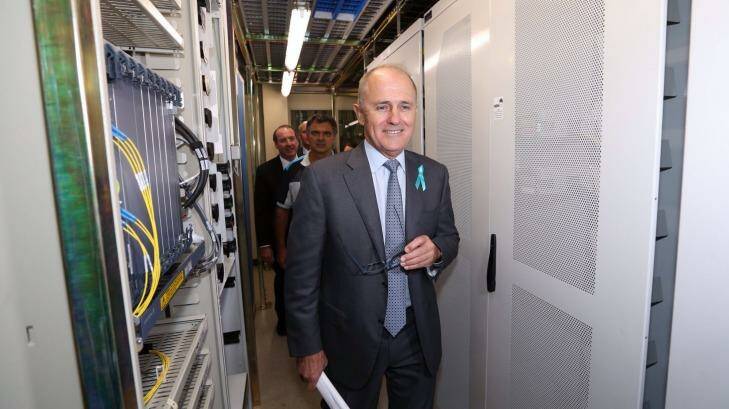 Malcolm Turnbull tours the NBN racks in the Queanbeyan Telstra exchange earlier this year. Photo: Andrew Meares