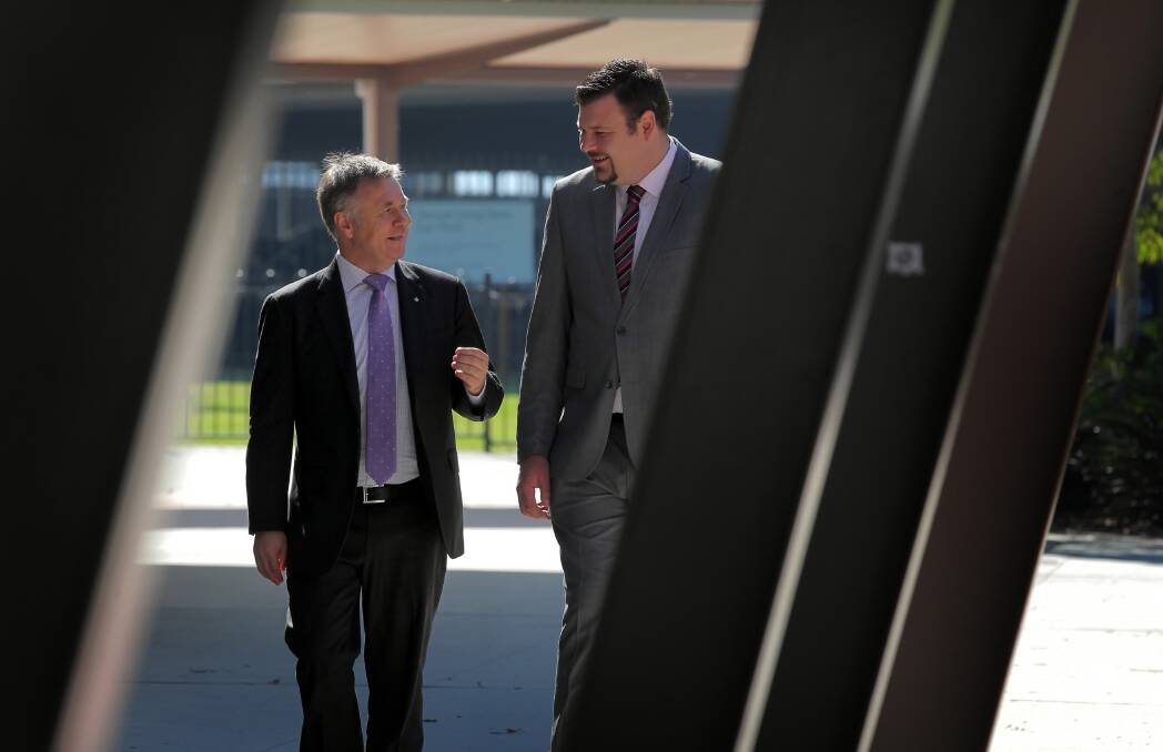 Mick Veitch with Ross Jackson during his visit to Albury yesterday ahead of next month’s election. Picture: DAVID THORPE
