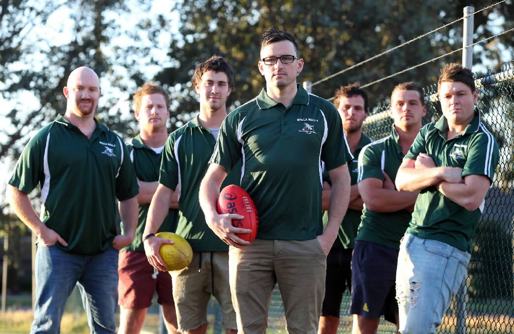 Incoming Walla coach Matt Jaensch and his new Hoppers — Aaron Williams, Ethan O’Donnell, Chris Lieschke, Jayden Holt, Josh Lieschke and Drew Cameron — are hoping to bring fun back to a club which hasn’t made the finals for 11 years. Picture: JOHN RUSSELL