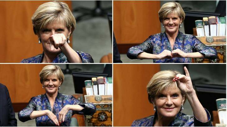 Foreign Minister Julie Bishop's hand gestures in Parliament on Monday. Photo: Alex Ellinghausen