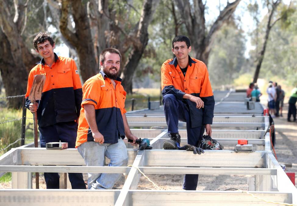 Mungabareena Aboriginal Corporation’s Stephen Murray, Trent Schultz and Andrew Murray have welded structures for the boardwalk. Picture: JOHN RUSSELL