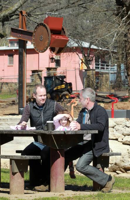 Greg Whitfield, from Barwon Heads, with Audrey, 4, and council’s project officer Simon Jones, who is looking forward to opening the park. Picture: KYLIE ESLER