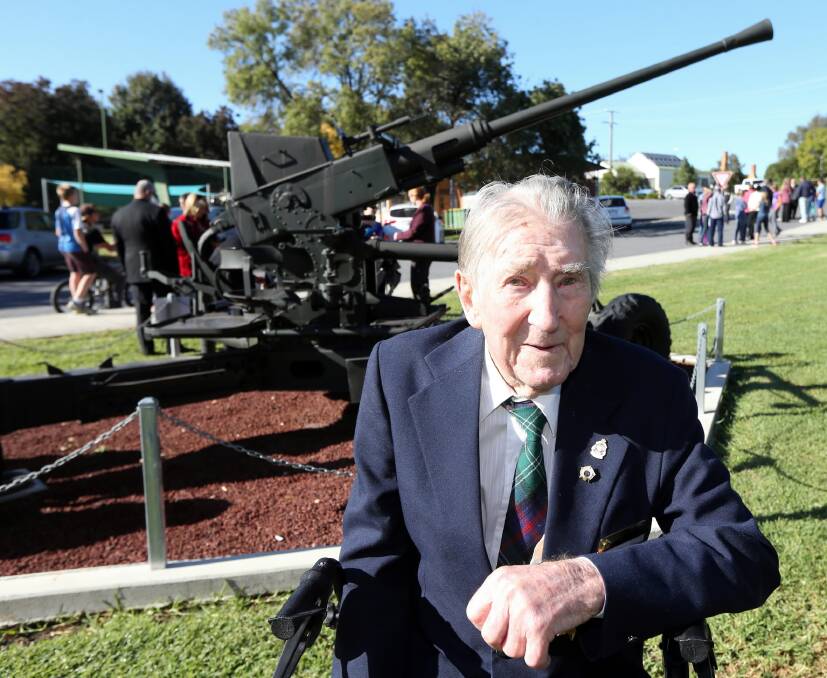 Alf Sutherland at Tangambalanga’s Anzac Day ceremony last year. He died, aged 96, last week.