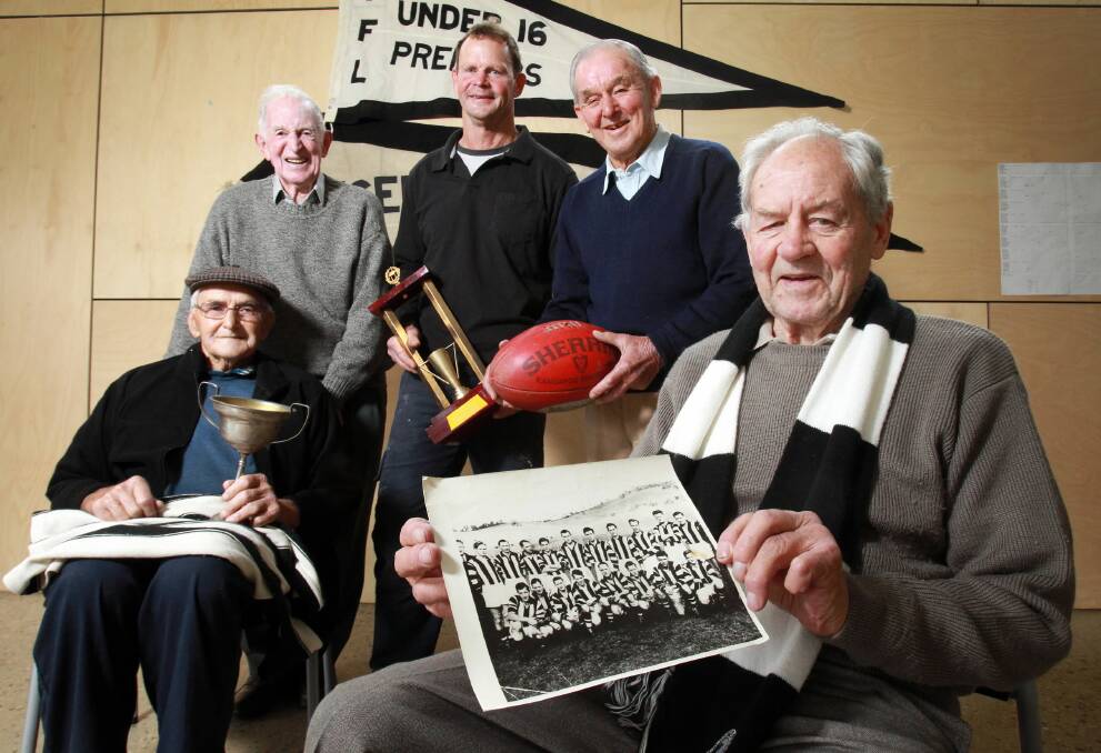 Tallangatta premiership players Frank Wood, Allan Fraser, Ian Butler, Lang Peterkin and Max Mason are looking forward to the club’s reunion planned for next month. Picture: KYLIE ESLER