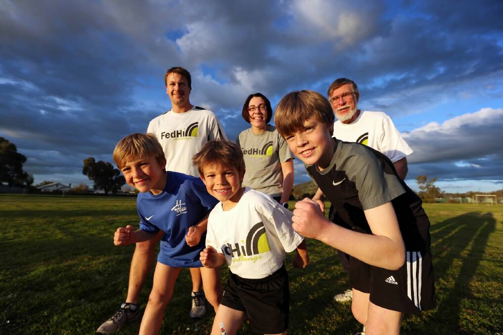 Joseph and Aiden Hill, Declan Pearce (front), Preston and Karen Hill and Bill Pearce are preparing to make The Border Mail Fed Hill Challenge a family affair from Willow Park on Sunday. They will be part of a big field tackling the run. Picture: MATTHEW SMITHWICK