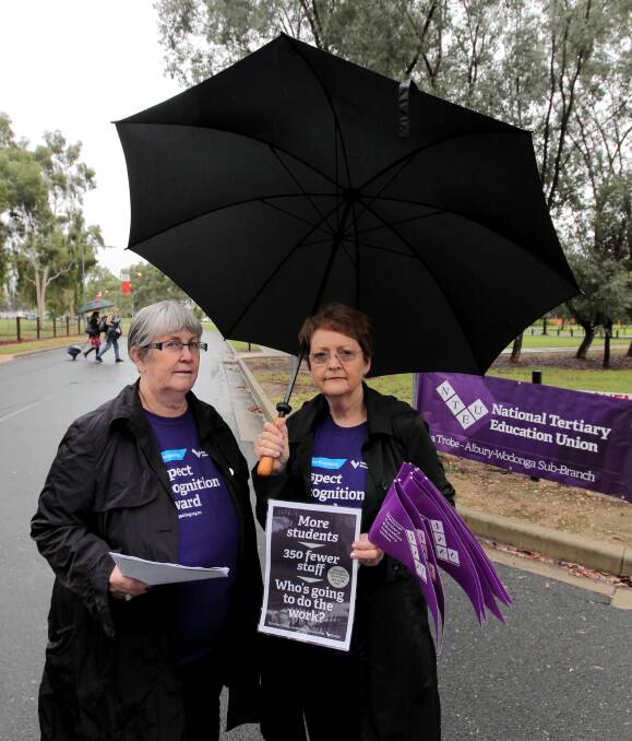 National Tertiary Education Union La Trobe branch president Virginia Mansel Lees and Chris Hoare sheltered from the rain while protesting the job cuts. Picture: DAVID THORPE