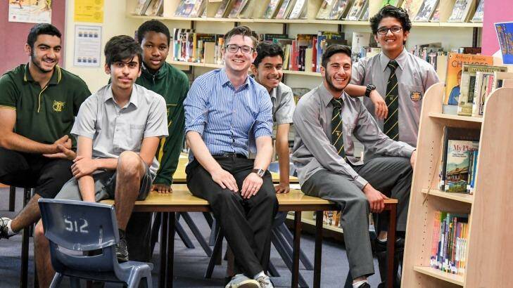 Granville Boys High English teacher, Owen Egan with students taking part in WestWords. Photo: Peter Rae.
