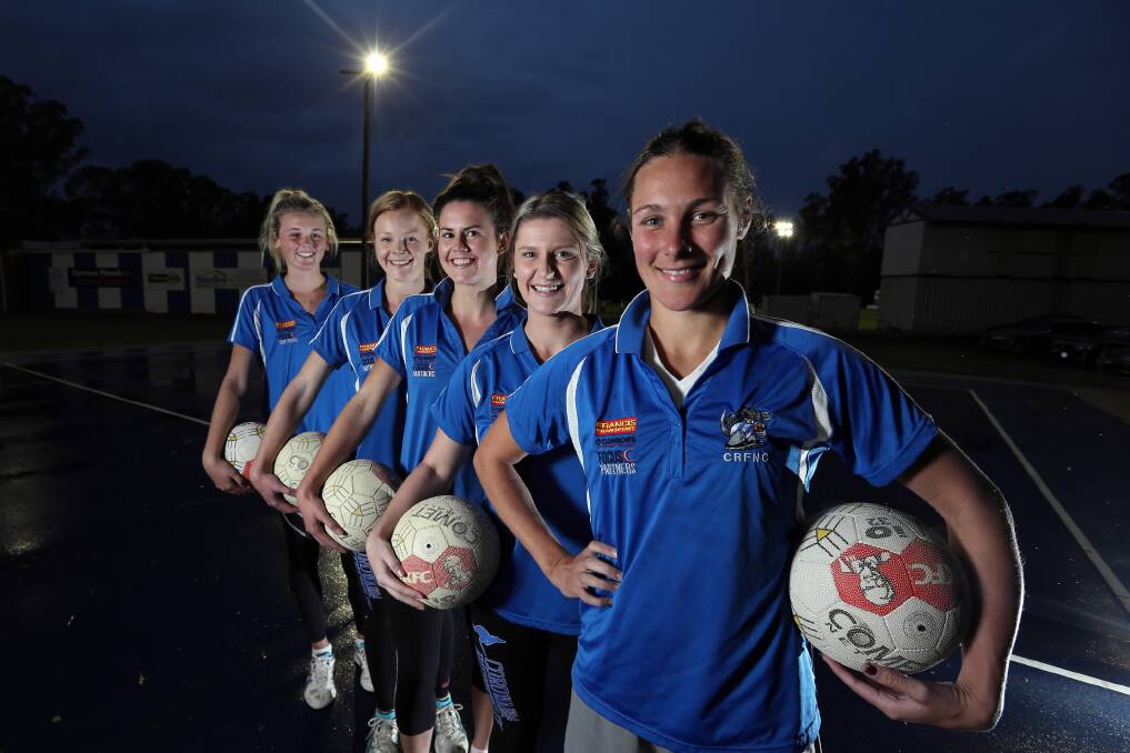 Cousin Sophie and sisters Simone and Caitlin Hanrahan, along with Roos captain Jess Bice and coach Beck O’Connell are focused on defeating Albury in the Ovens and Murray netball this weekend. Picture: MATTHEW SMITHWICK