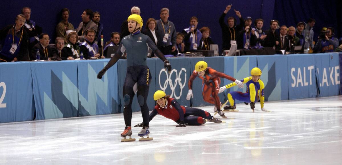 Steven Bradbury wins gold at Salt Lake City in 2002, ahead of three of his four fallen rivals. Picture: REUTERS