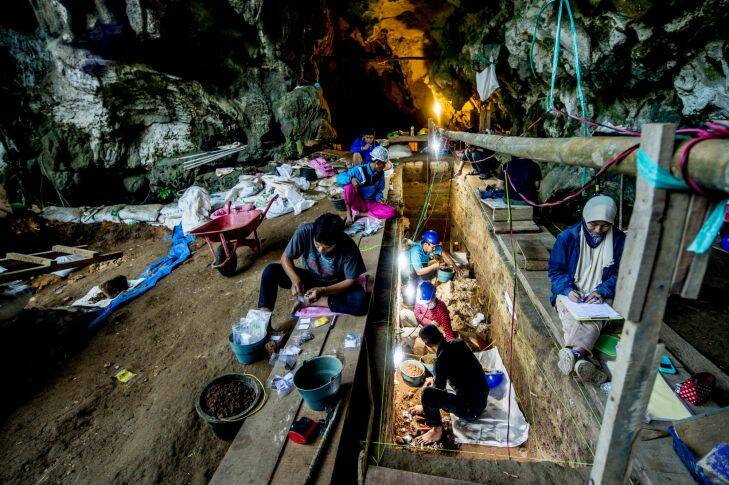 Excavations at the cave site of Leang Bulu Bettue, Sulawesi. Photo credit Justin Mott, Mott Visuals Photo: Supplied