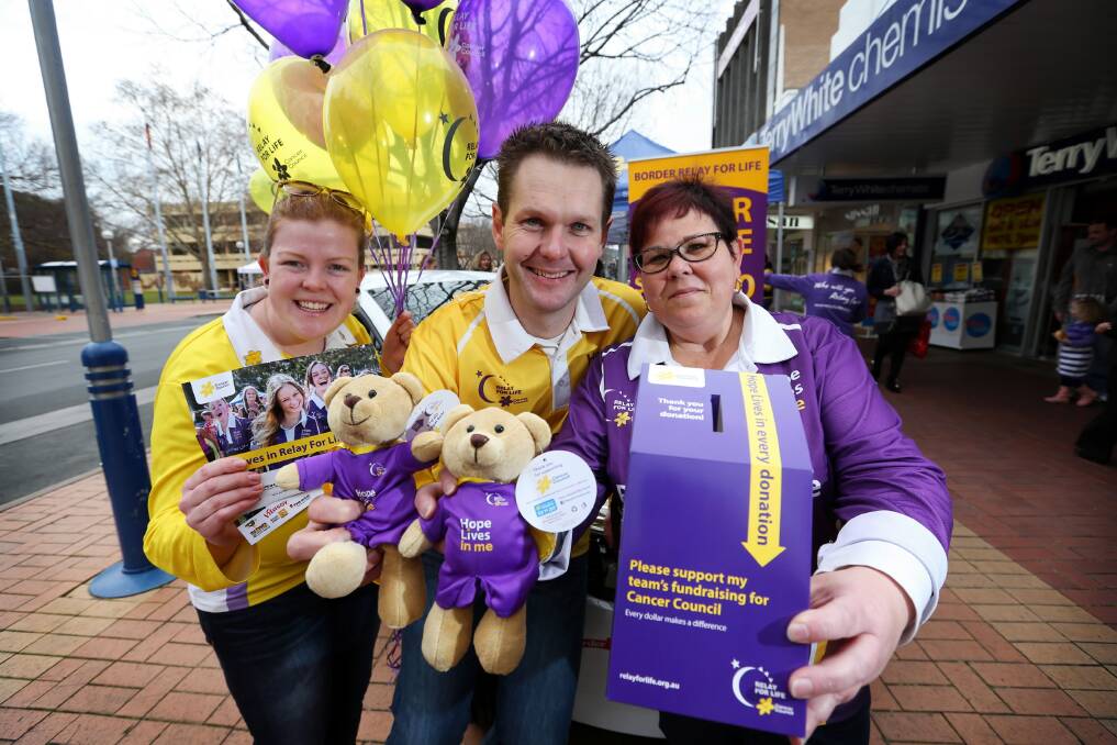 Alyssa Rowland, Carl Friedlieb and Jade Baker hit Dean Street on Saturday to promote the Border Relay For Life.
Picture: MATTHEW  SMITHWICK