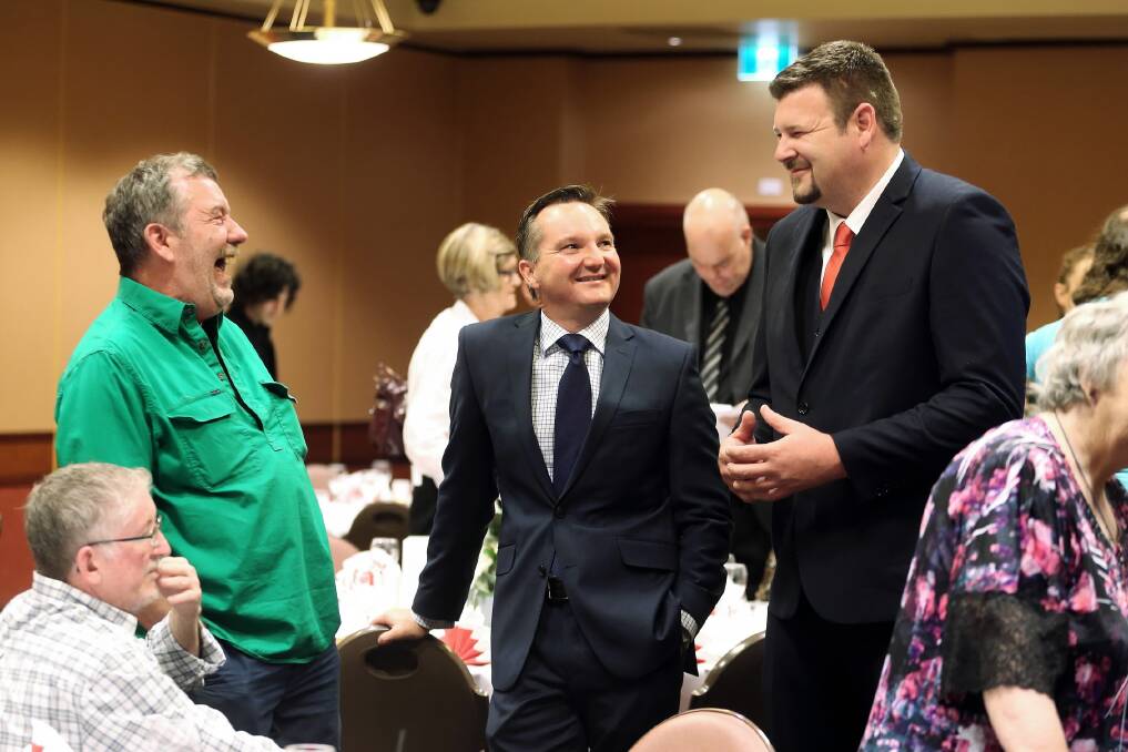 Sharing a joke at last night’s dinner were Gary Hayward, shadow treasurer Chris Bowen and Albury Labor candidate and Albury councillor Ross Jackson. Picture: JOHN RUSSELL