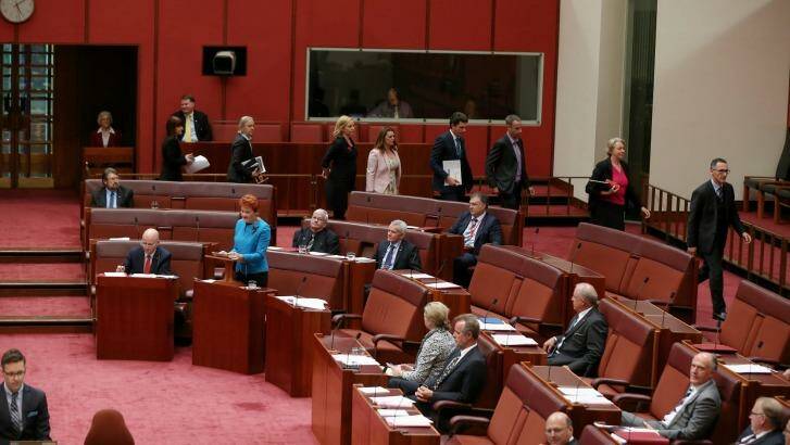 The Greens walk out as Senator Hanson delivers her first speech in the Senate. Photo: Alex Ellinghausen