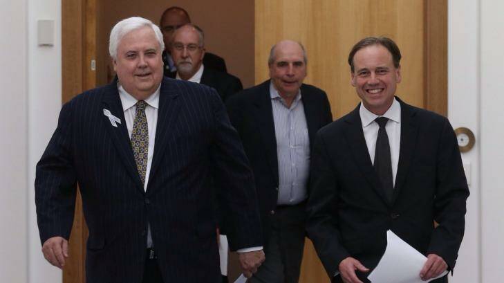 PUP leader Clive Palmer insists an emissions trading scheme remains in the agenda, despite Environment Minister Greg Hunt saying otherwise. Photo: Andrew Meares