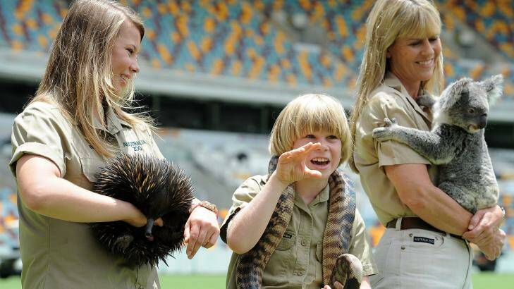 Robert Irwin with sister Bindi and mother Terri at the Gabba earlier this year. Photo: Matt Roberts/Getty Images