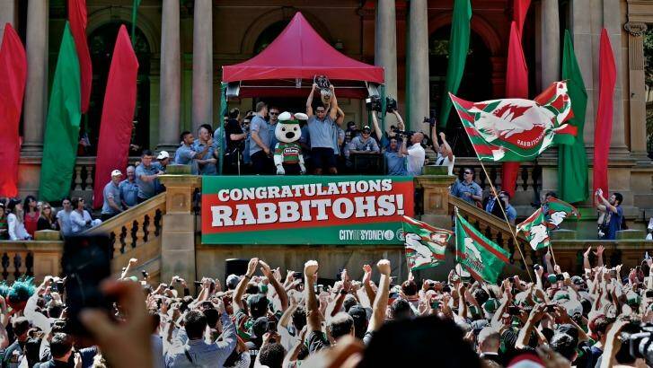 Pride of the league: South Sydney players at Town Hall on Thursday. Photo: Brendan Esposito