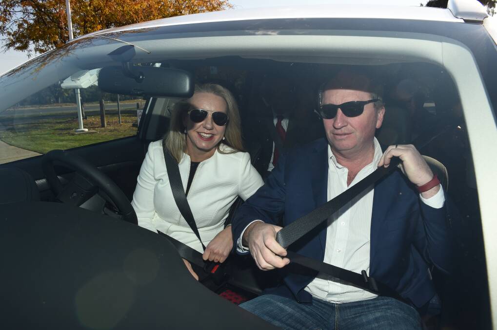 BETTER DAYS: Barnaby Joyce and Bridget McKenzie during his last visit to the Border, as he prepared to drive to Milawa. Picture: MARK JESSER