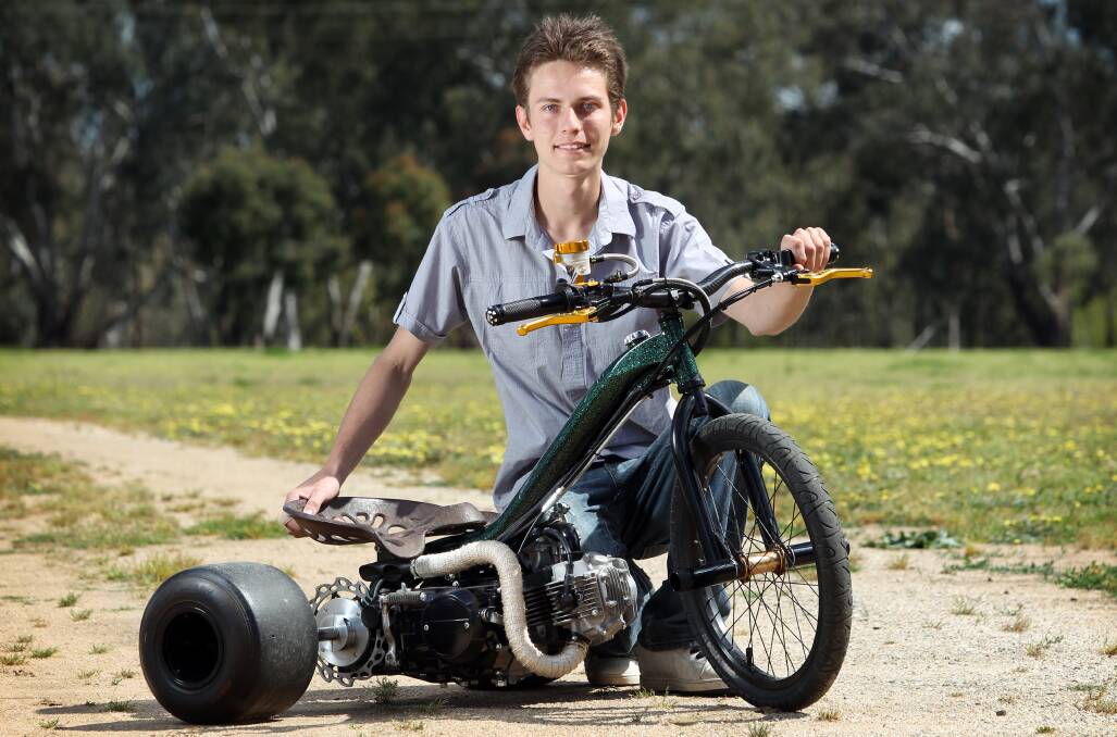 BIKE HEAVEN: Blake Spiller, 19, of Baranduda, with the 125cc drift trike he designed and built, which will be displayed at the Border Bike Fest in Wodonga this Sunday, October 12. Picture: MATTHEW SMITHWICK