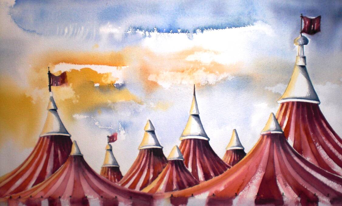 A watercolour painting titled Sundown Circus by Mount Beauty artist Shirley Hall, one of the exhibits in the Borderville at GIGS exhibition, September 11 to October 5,  at GIGS Art Gallery, Gateway Village, Wodonga.