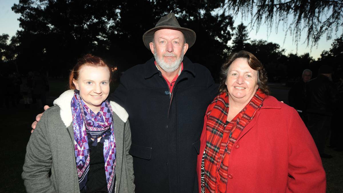 DUBBO: Nicole Jones, Gordon Dover and Michelle Jones at the Anzac Dawn Service, Victoria Park. Photo: Belinda Soole, The Daily Liberal. 