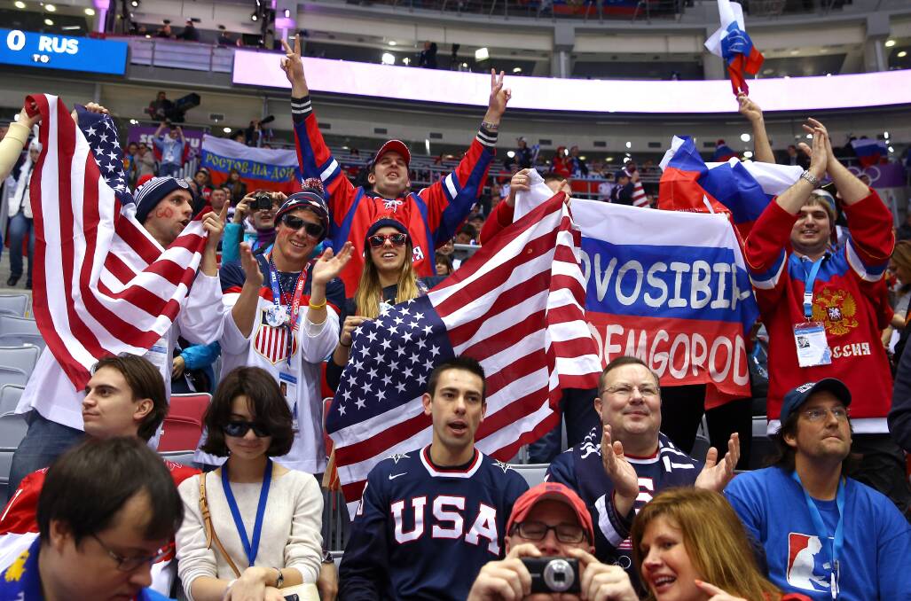 American and Russian fans attend the Men's Ice Hockey Preliminary Round Group A game between Russia and the United States on day eight of the Sochi 2014 Winter Olympics at Bolshoy Ice Dome on February 15, 2014 in Sochi, Russia. Photo: GETTY IMAGES