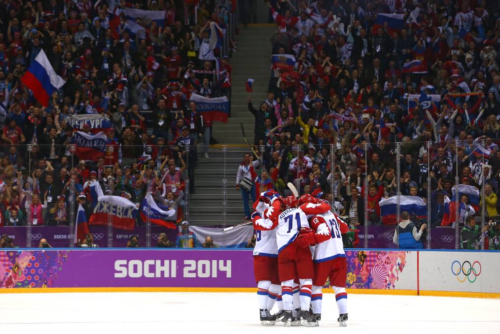 Russian players celebrate after scoring a disallowed goal against the United States during the Men's Ice Hockey Preliminary Round Group A game on day eight of the Sochi 2014 Winter Olympics at Bolshoy Ice Dome on February 15, 2014 in Sochi, Russia. Photo: GETTY IMAGES
