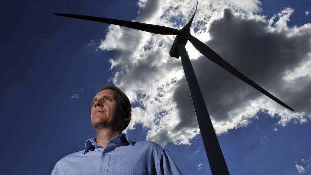 ACT Environment Minister Simon Corbell at the Acciona wind farm at Gunning. He has announced a second wind auction would be held this year. Photo: Graham Tidy