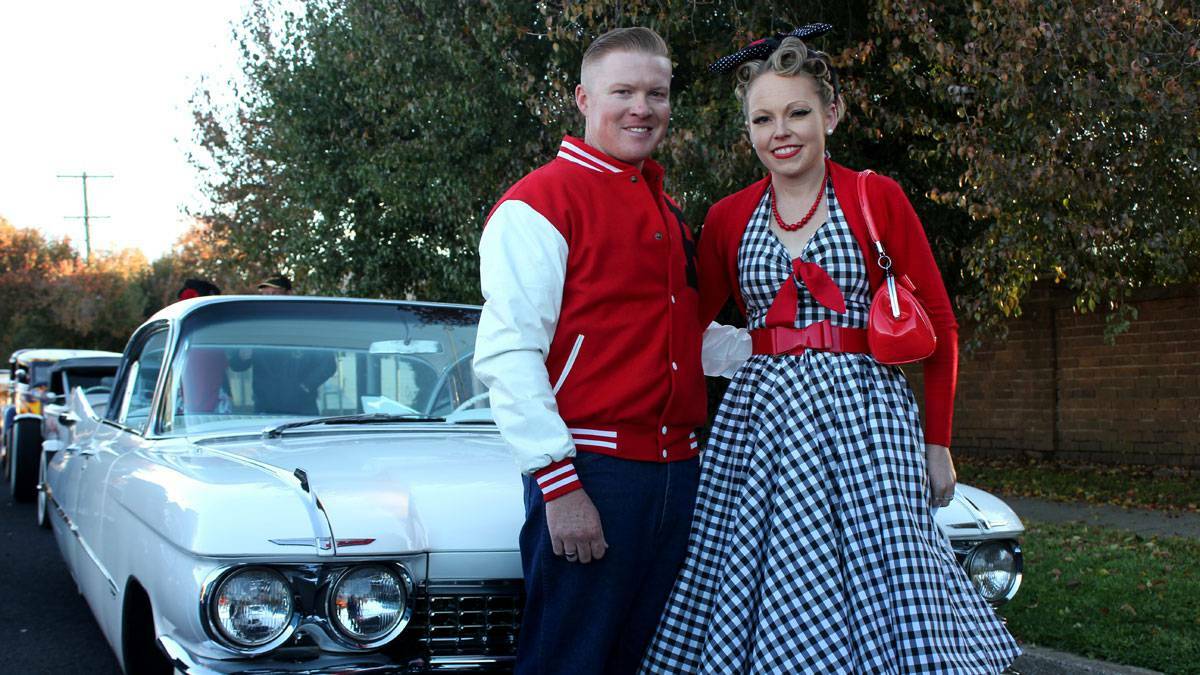 GOULBURN: Hot Rods of all shapes, colours and sizes took took to the city on the long weekend, with dedicated ‘rodders’ from all over Australia stopping over for the annual Easter Hot Rod Shakedown. Goulburn couple Local couple Shane Stewart and Rachel Thomson enjoyed dressing up in their 1950s gear to accompany Shane’s vehicle, a 1959 Cadillac DeVille at their first Shakedown. Photo: ANTONY DUBBER, Goulburn Post.